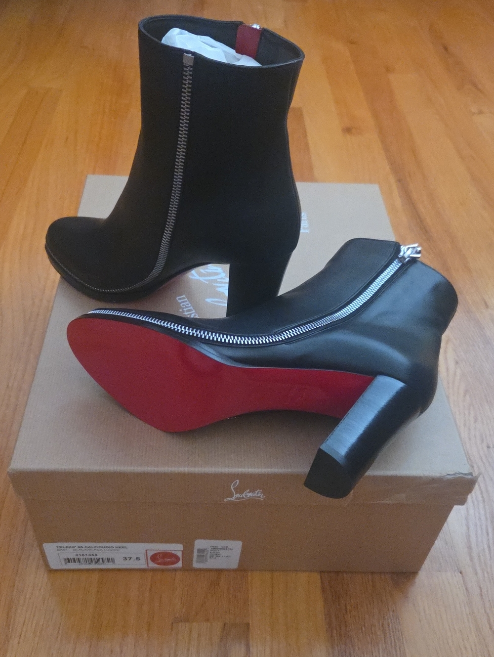 Christian Louboutin Telezip Black Leather Zip Ankle Boots with Red Sole 37.5